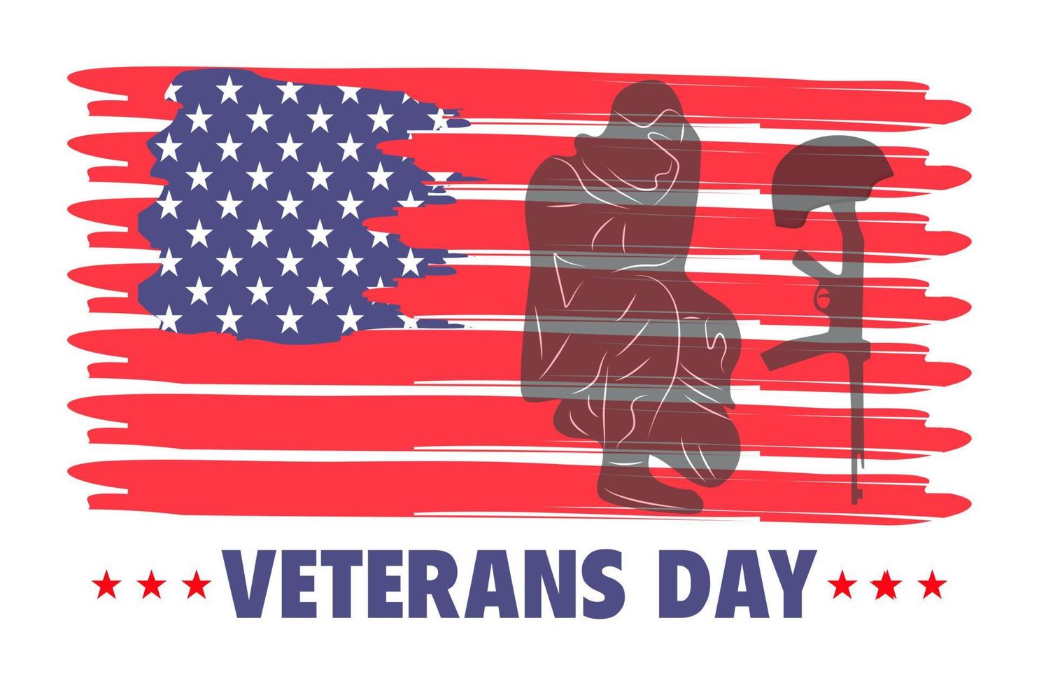 vector de concepto del día de los veteranos. evento militar se celebra el 11 de noviembre en estados unidos. soldado llora por un amigo que murió en la guerra. el casco cuelga del rifle. bandera de EE.UU
