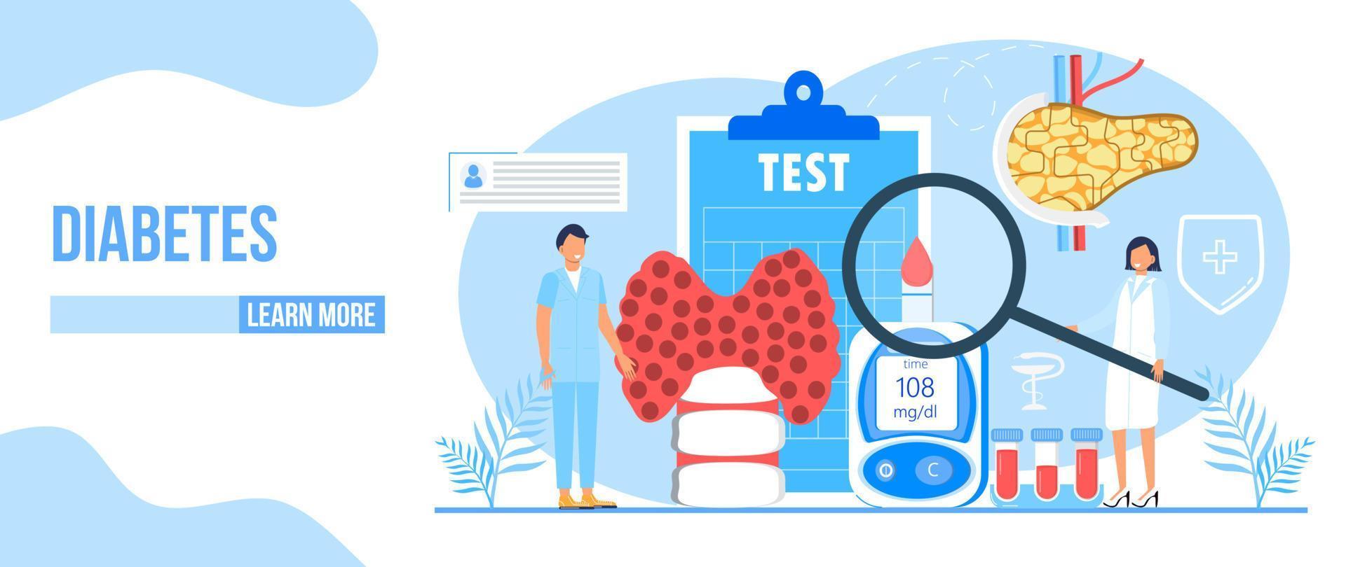 Diabetes mellitus, type 2 diabetes and insulin production concept vector. Landing page with magnifier and blood glucose testing meter, doctors vector