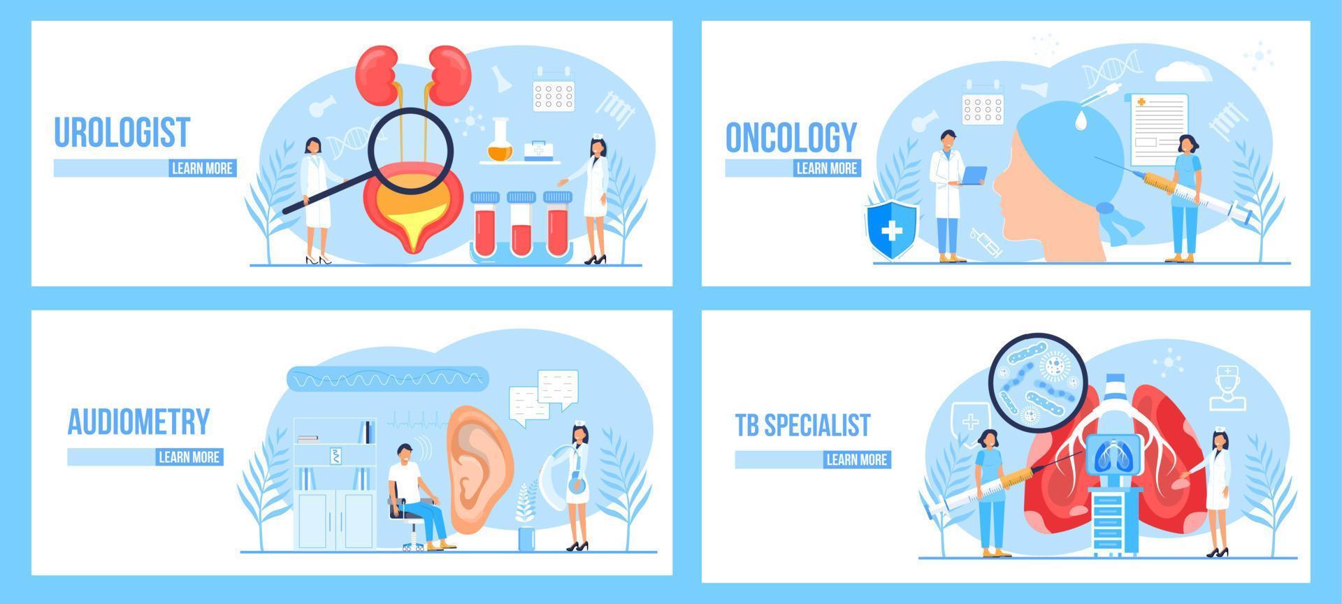 Urologist,oncologist, tb specialist, audiometer concept set vector for medical website. Pulmonary fibrosis, tuberculosis, pneumonia