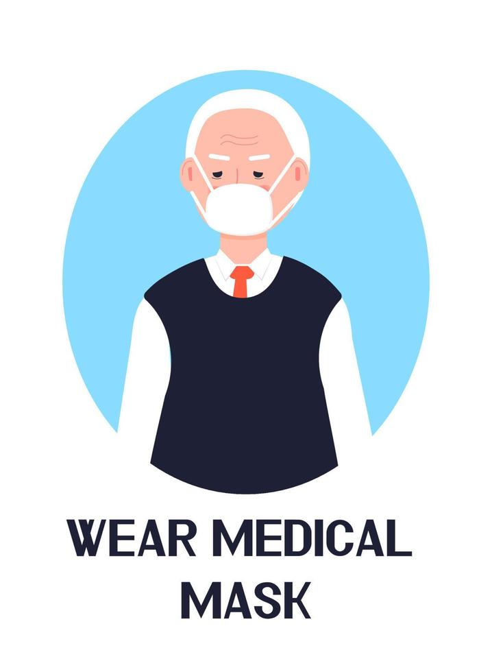Wear mask icon vector. Flu, cold, coronavirus prevention is shown. Senior man is putting medical mask. Infected person illustration. Respiratory disease vector