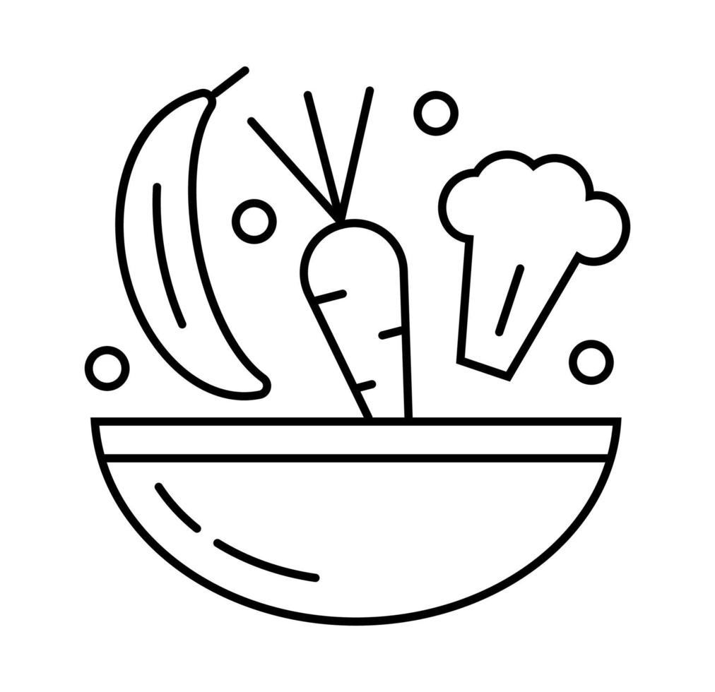 Health diet icon in outline style. Carrot, broccoli, banana, green peas, bowl vector