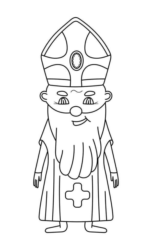Bishop coloring page vector. Cute smiling priest in black line style. Easter coloring book vector
