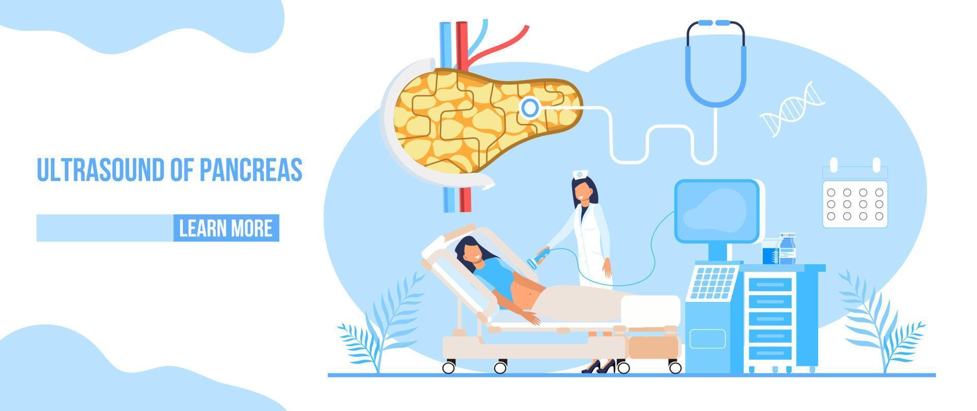 Ultrasound of pancreas doctors examine, treat pancreatitis. Stethoscope, calendar are on blue background. Health care flat concept for landing page, website vector