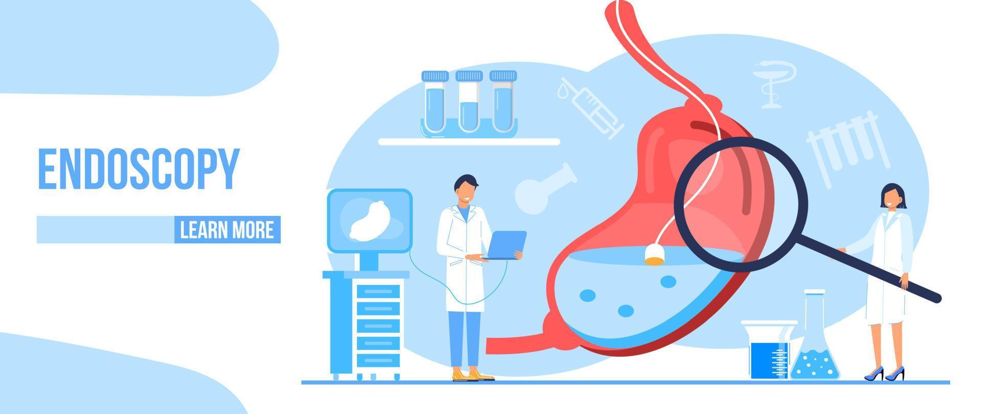 Endoscopy healthcare technology concept vector. Tiny doctors research stomach. Gastroenterology illustration for medical blog website vector