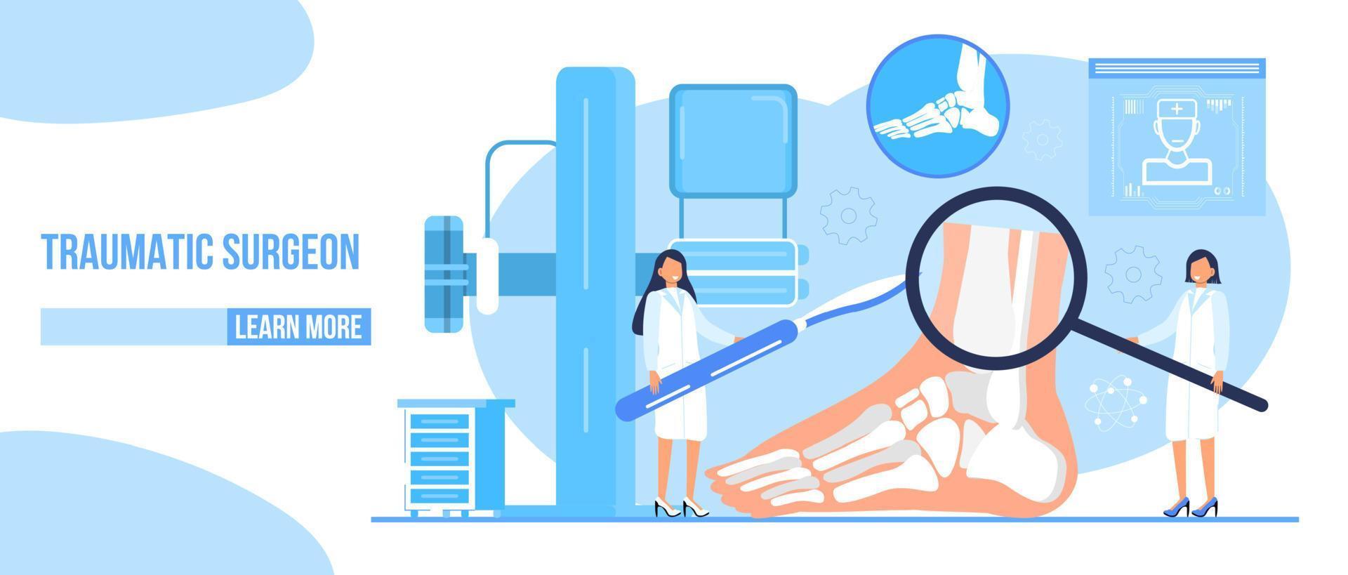 vector de concepto de traumatólogo para página de destino, banner. el cirujano pone yeso en la parte inferior de la pierna. los médicos tratan el reumatismo, la osteoartritis, la artritis. hacen escaneo de rayos x.