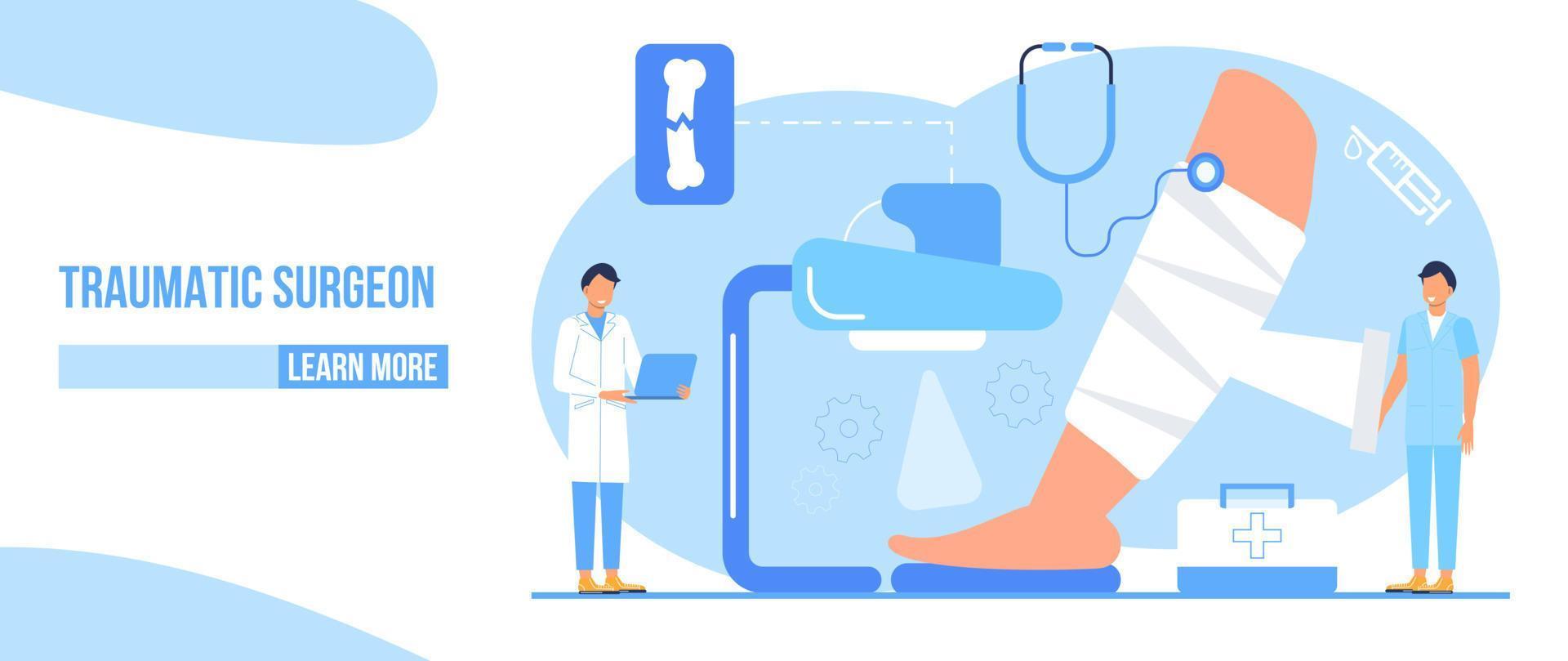 Traumatologist concept vector for landing page, banner. The surgeon puts cast on the lower leg. Doctors treat rheumatism, osteoarthritis, arthritis. They make x ray scan.