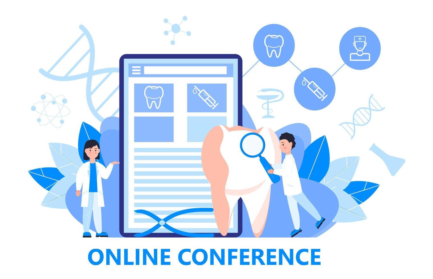 Dentist service vector concept for landing page. Tiny dentists make x-ray scan of teeth to help toothache, to whiten enamel or recovery implant. Online conference for dentistry specialist