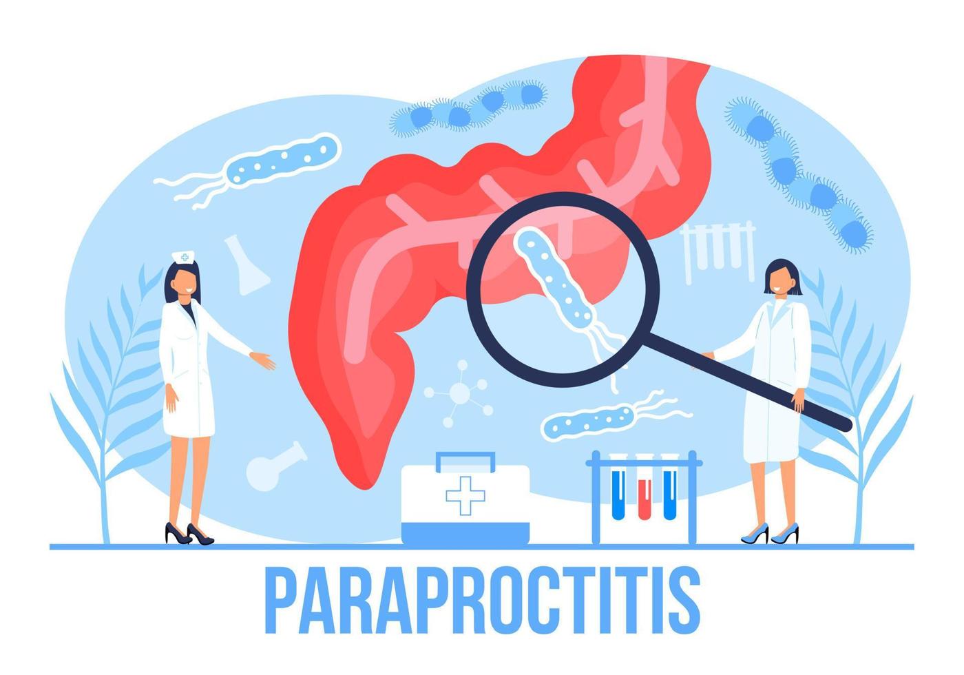 Para proctitis concept vector for medical web. app. blog. Intestine doctors examine, treat dysbiosis. Tiny therapist of proctology make colonoscopy. Proctologist.