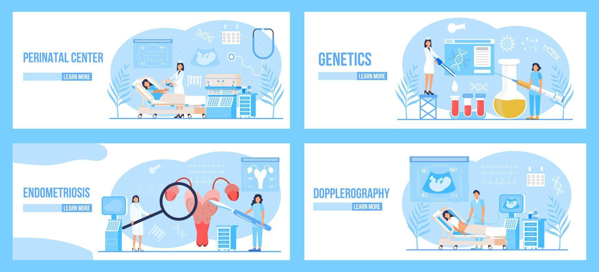 Dopplerography, perinatal center concept vector for landing page. Doctor are doing ultrasound fetus screening checkup in clinic office. Endometriosis, endometrium dysfunctionality