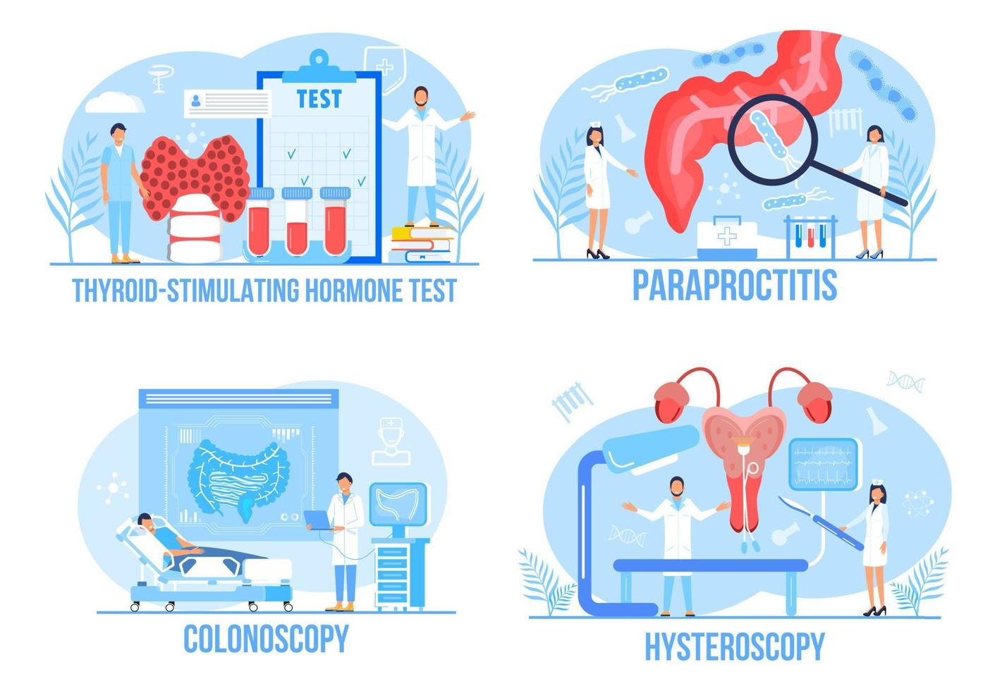 histeroscopia de útero, útero, prueba de hormona estimulante de la tiroides, colonoscopia, intestino, conjunto de vectores de concepto de paraproctitis. endometriosis, disfunción del endometrio