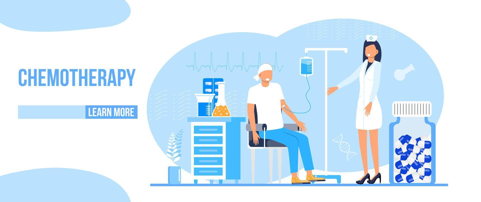 vector de concepto de quimioterapia y oncólogo para aplicación, web, blog. pequeños médicos de oncología tratan al paciente y luchan contra el cáncer. ilustración de la terapia de innovación. fluidos intravenosos, quimioterapia