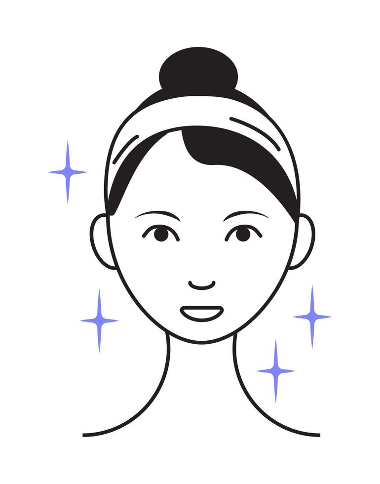 Shining face icon vector. Girl shows her face after cleaning, whiting face and using of cosmetic cleanser. Info-graphic in outline style illustration isolated vector