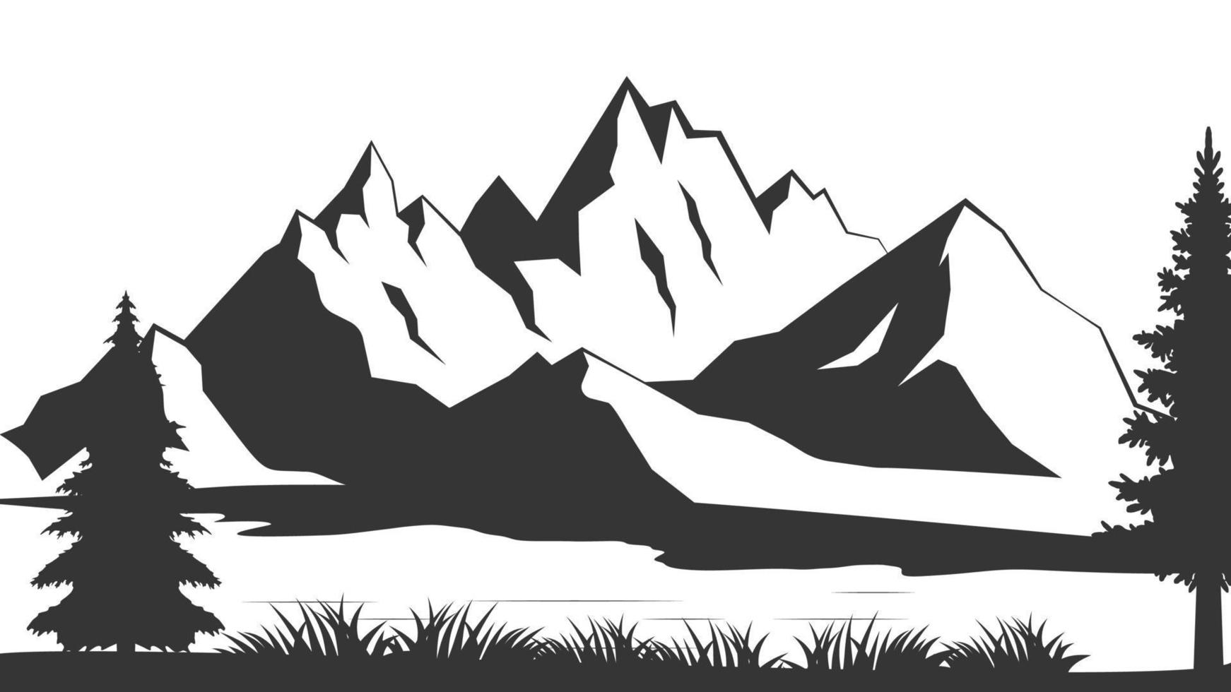 Mountain with pine trees and landscape black on white background