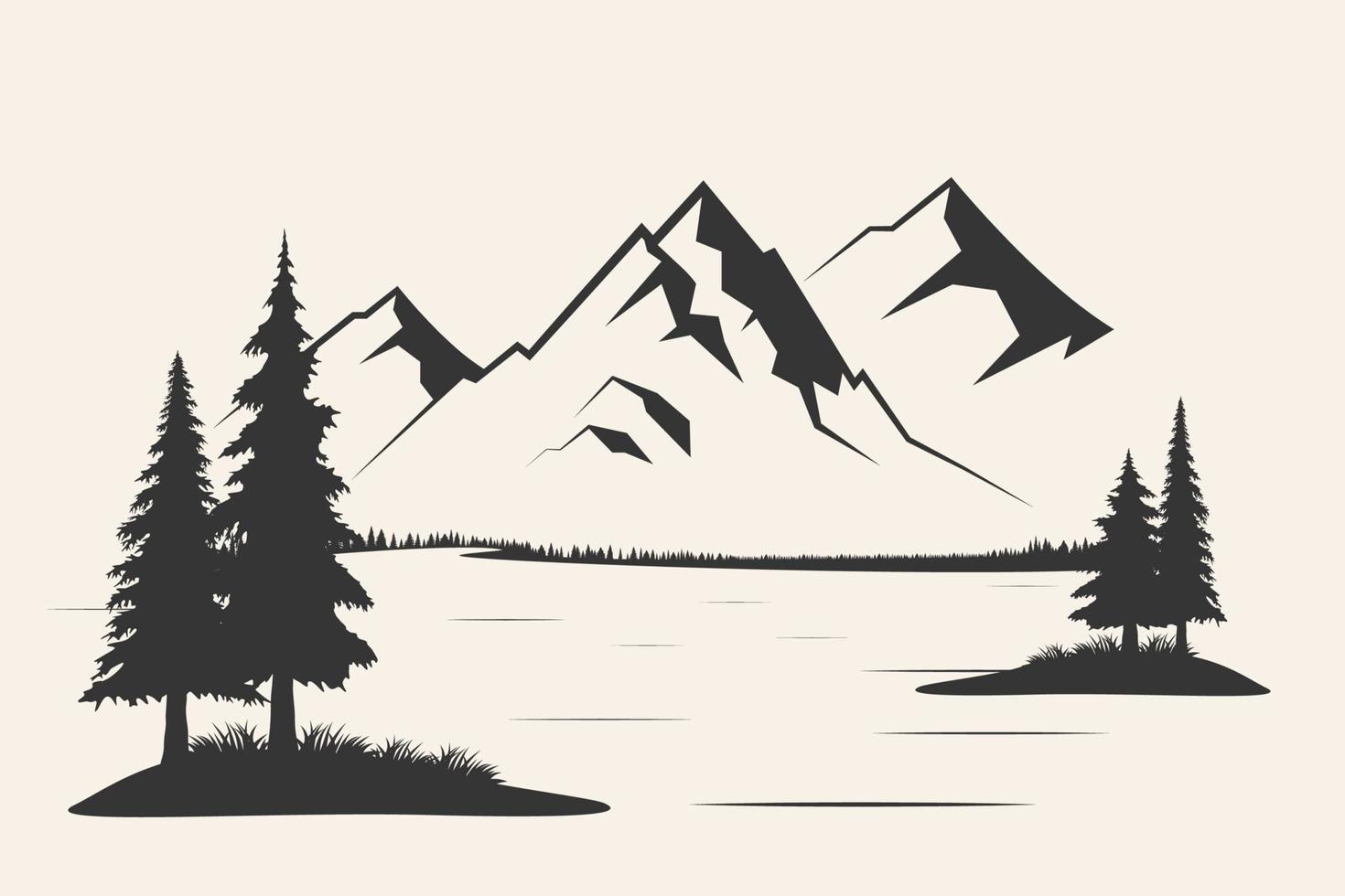 montaña con pinos y paisaje negro sobre fondo blanco. ilustración vectorial montaña con pinos sobre fondo blanco. ilustración vectorial de montaña. vector