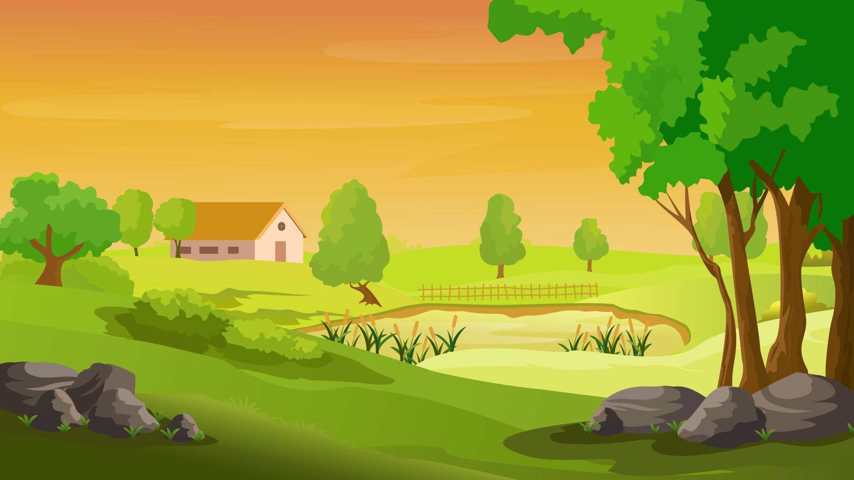 Rural landscape with the houses and mountains and hills, vector illustration