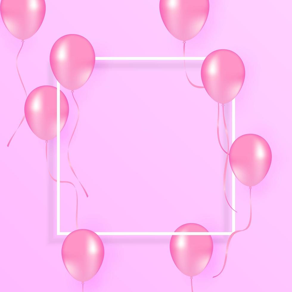 globos sobre fondo rosa pastel. marco hecho de globos blancos y rosas. cumpleaños, concepto de vacaciones. endecha plana, vista superior, espacio de copia vector