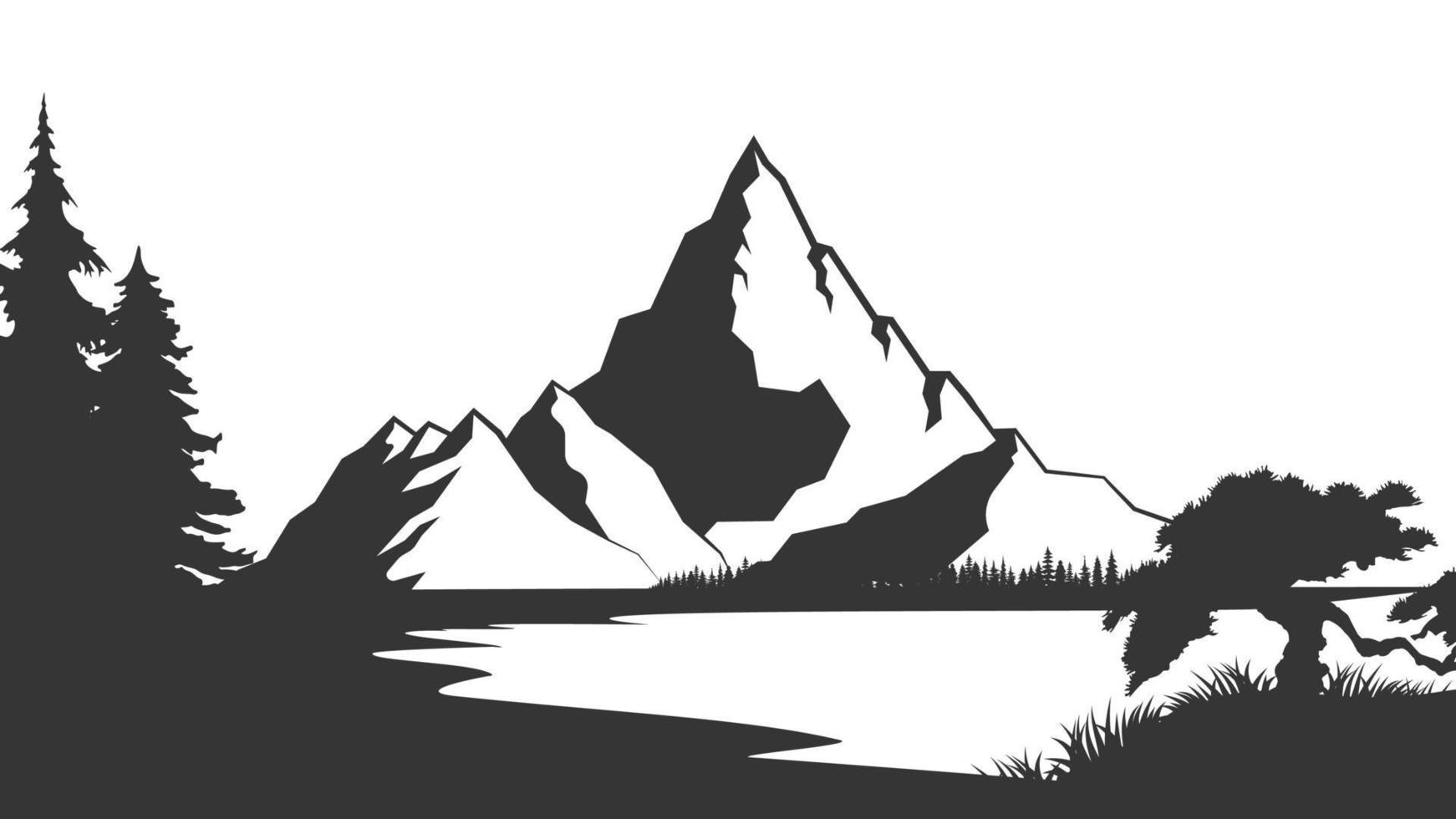 Muntain silhouette vector illustration. Mountain range silhouette isolated vector illustration. Old style black and white mountain vector illustration.