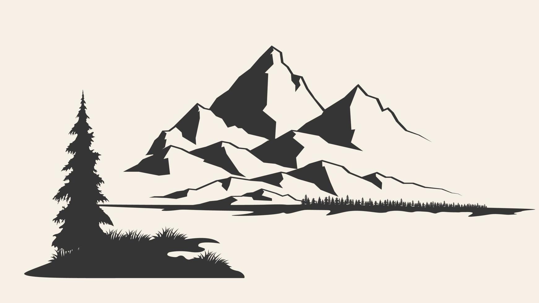 ilustración vectorial de árboles de montaña y tropicales. contornos de las montañas grabado ilustración vectorial, dibujado a mano, boceto. ilustración de vector de montaña en blanco y negro.