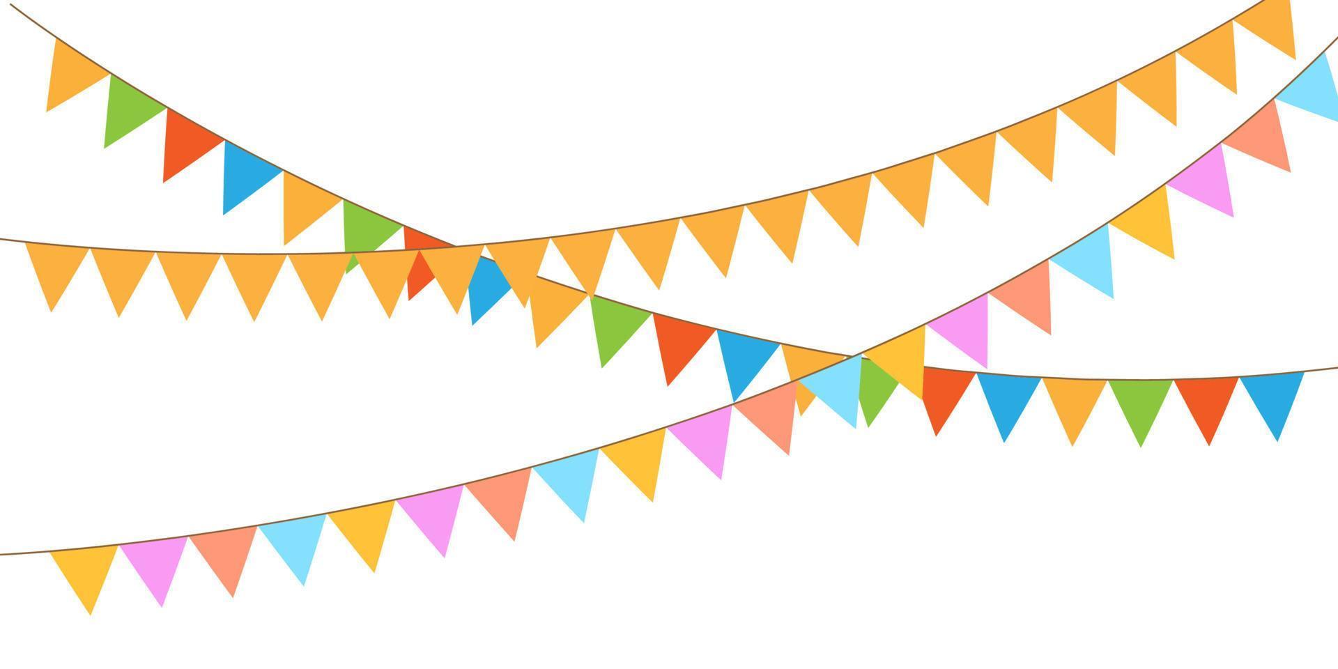 Multicolored bright buntings flags garlands isolated on white background. Bunting and party flag vector illustration