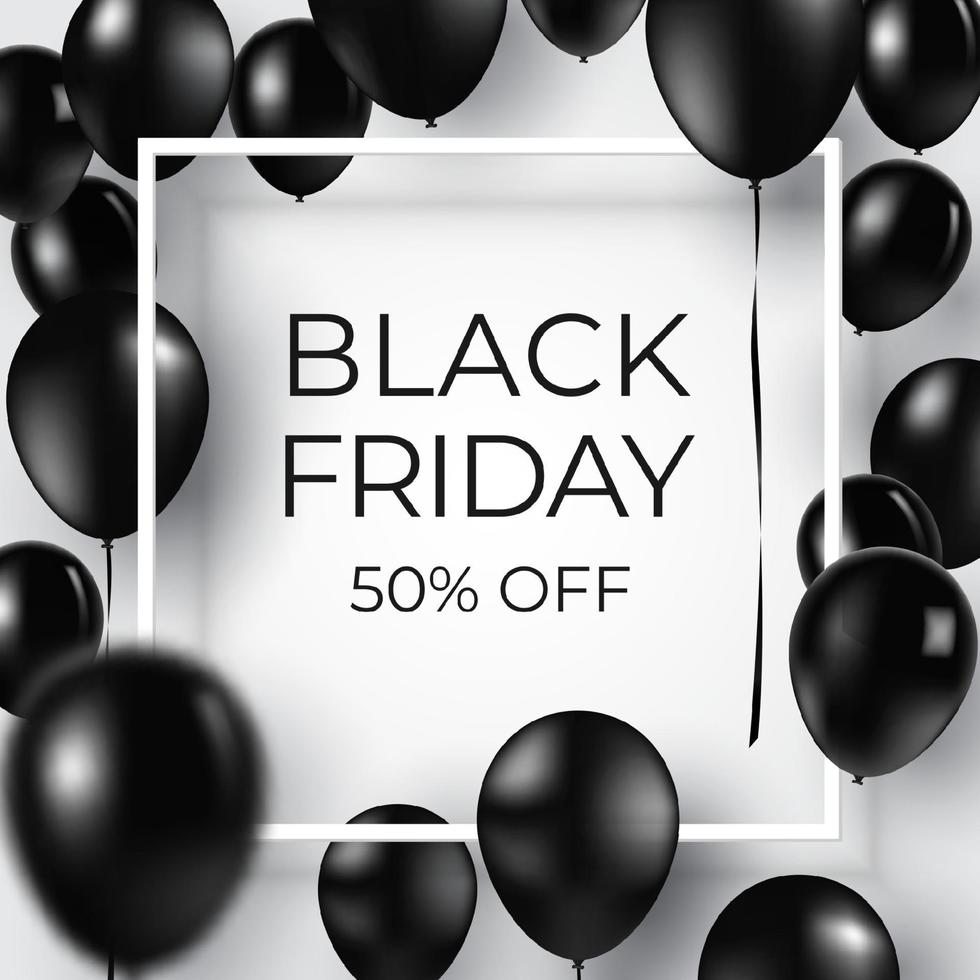 Flying Realistic Glossy Black Balloons with square white blank and frame, black friday concept on white background vector