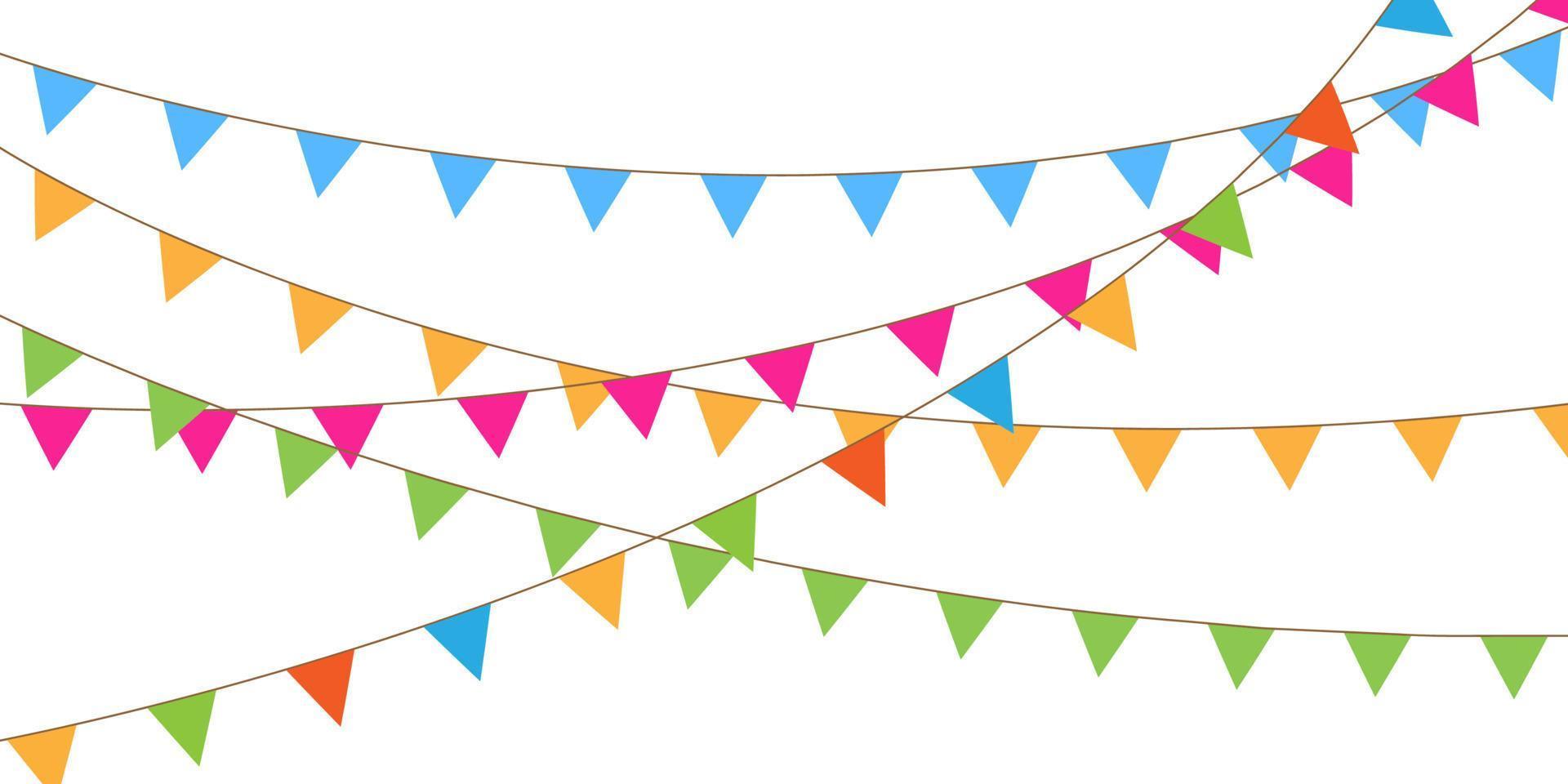 Multicolored bright buntings flags garlands isolated on white background. Bunting and party flag vector illustration