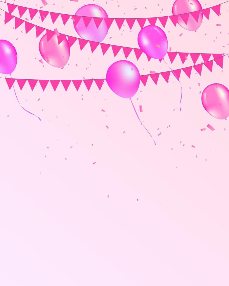 Celebration cute pink background with balloons, flag garland and foil confetti. Vector illustration. Carnival lettering. Place for your text. Design for invitation, poster, card, banner, flyer