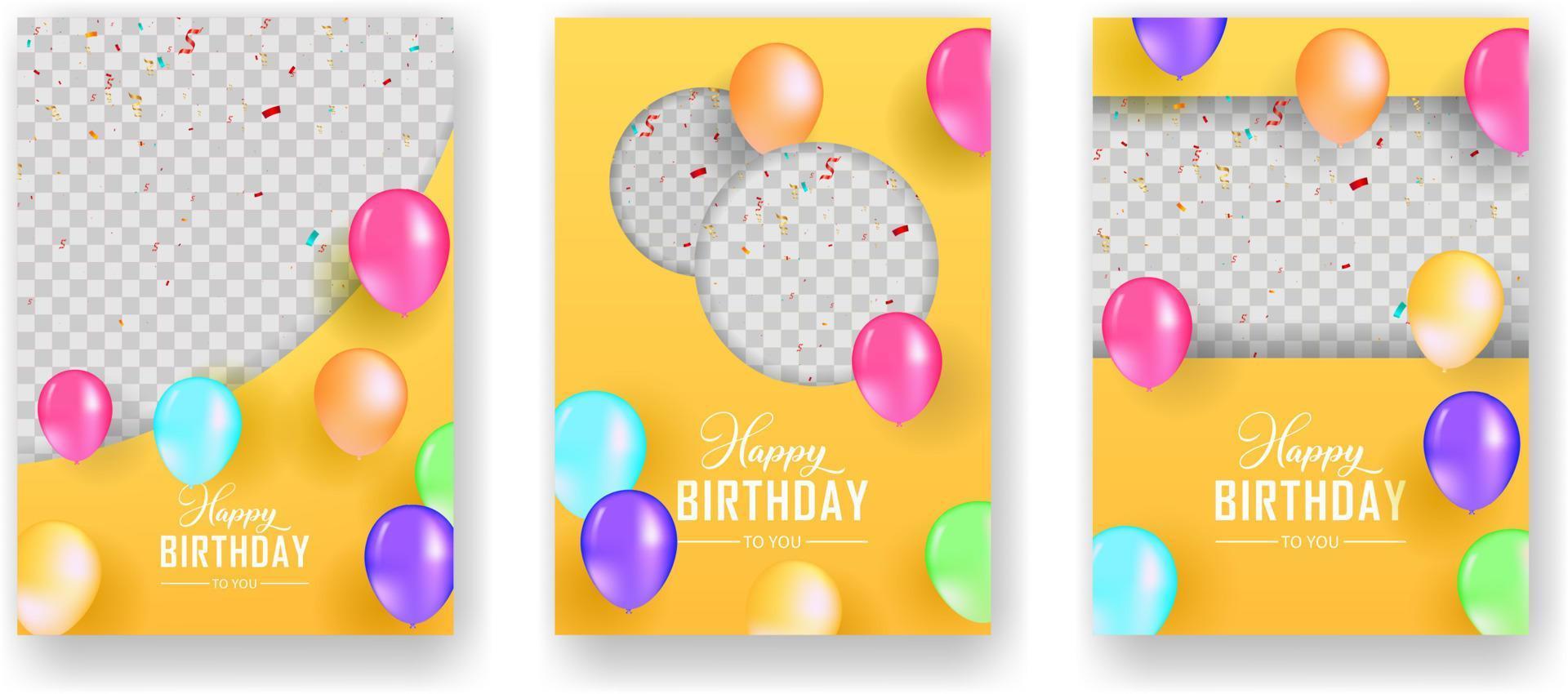 conjunto de plantillas de folleto de fiesta de cumpleaños. fondo de transparencia del espacio fotográfico. volante, folleto, concepto de folleto con ilustraciones realistas. invitación de celebración de feliz cumpleaños con espacio para fotos. vector