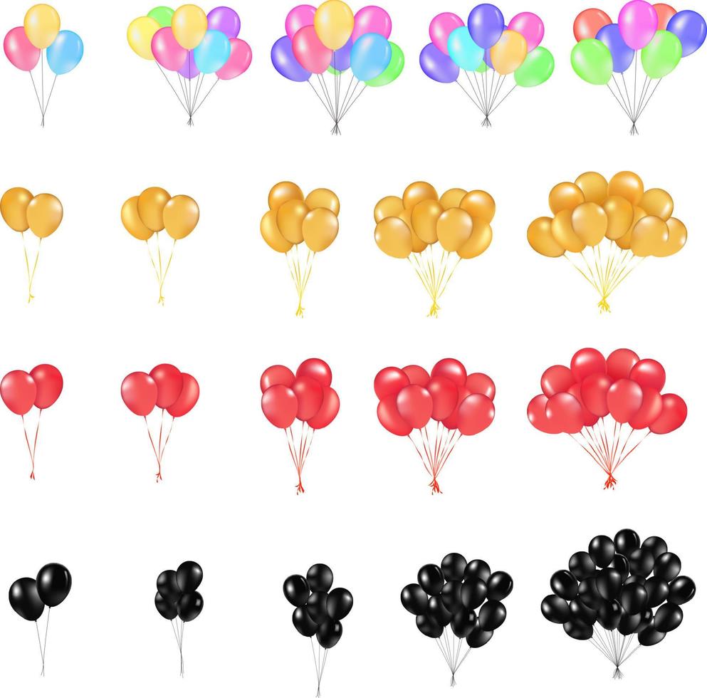 Set, Bunches and Groups of Color Glossy Helium Balloons Isolated on Transparent Background. Vector Illustration EPS10