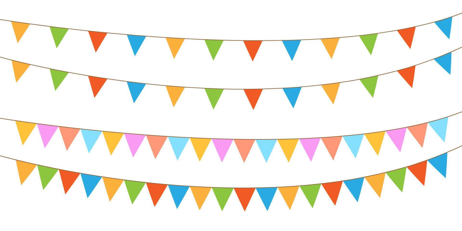 Set of multicolored flat buntings garlands with ornament isolated on white background. Birthday flags set. vector