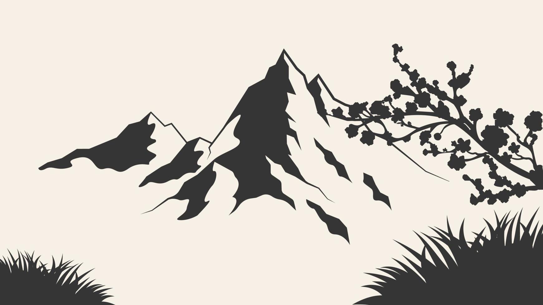 Muntain silhouette vector illustration. Mountain range silhouette isolated vector illustration. Old style black and white mountain vector illustration.