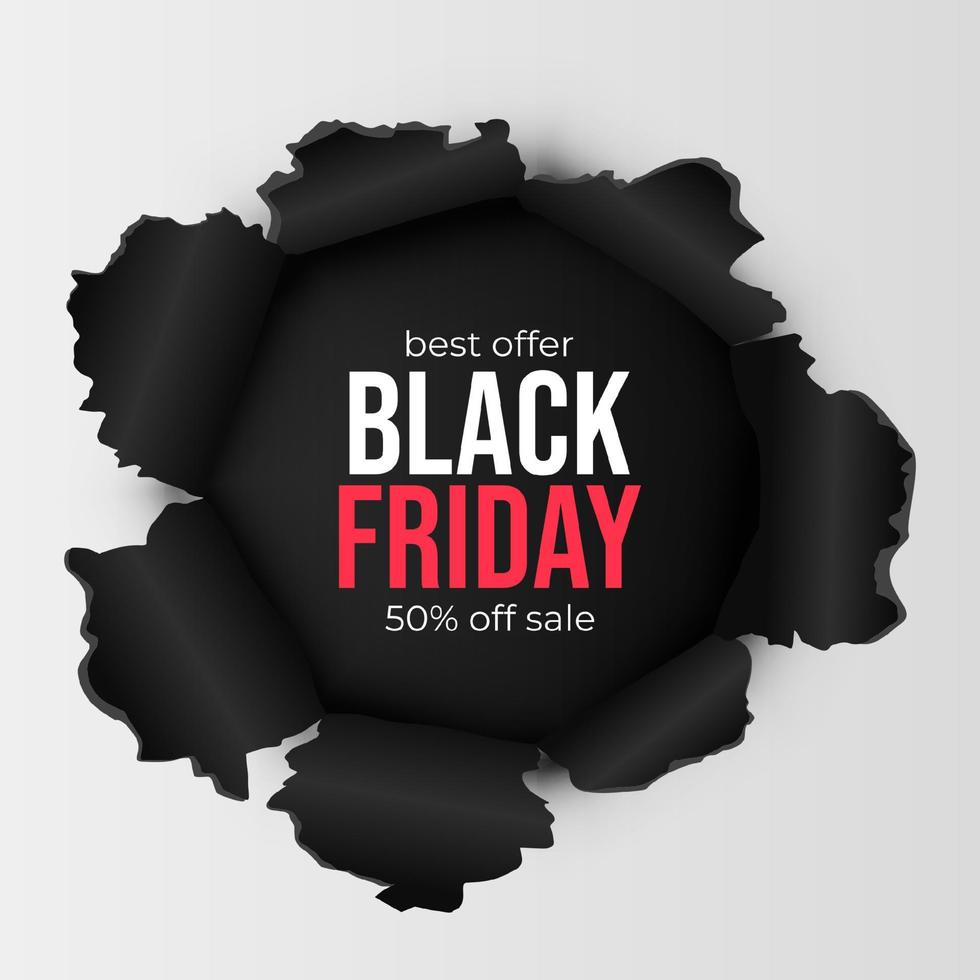 Black Friday sale banner in the realistic torn paper design. Black detailed paper hole. Winter sale. Vector illustration