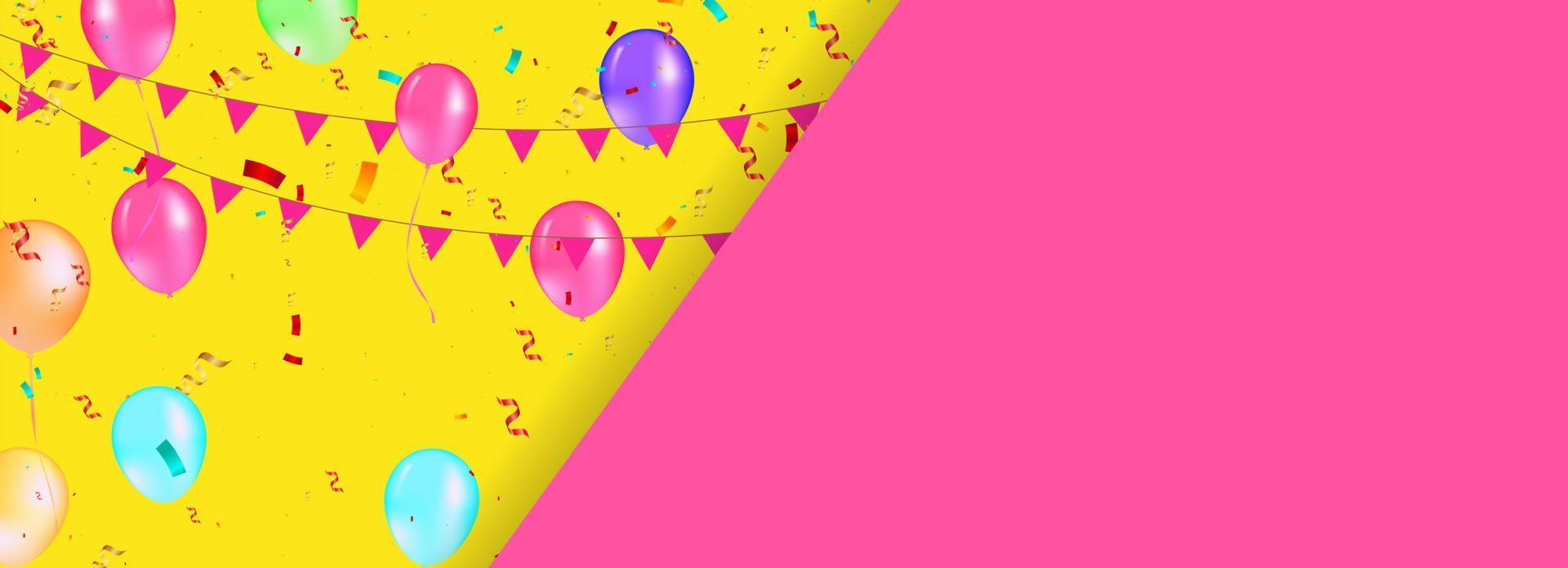 Colorful balloons with triangular party flags, confetti and paper streamers. Vector illustration. Carnival lettering. Place for your text. Design for invitation, poster, card, banner, flyer