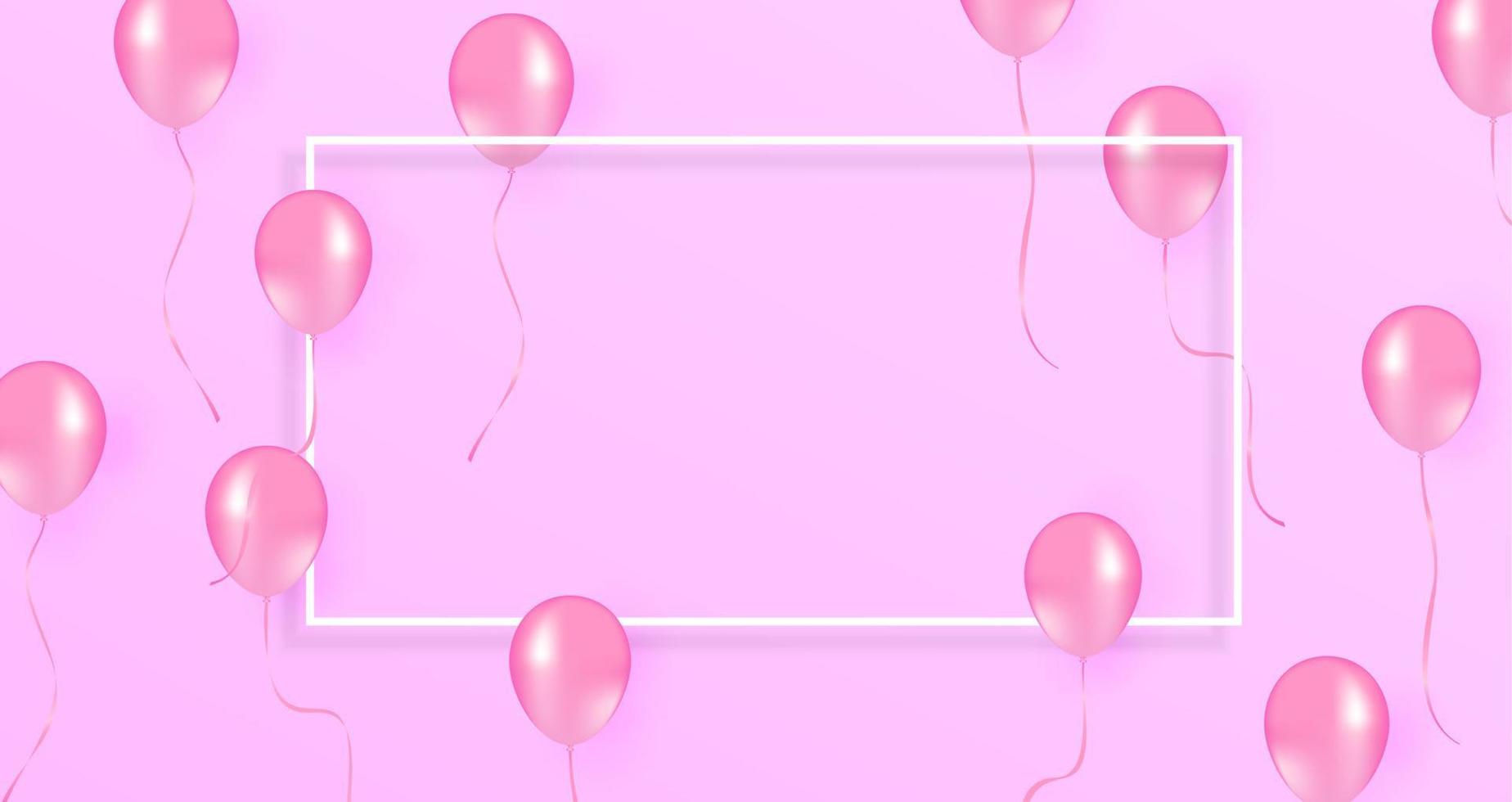 globos sobre fondo rosa pastel. marco hecho de globos blancos y rosas. cumpleaños, concepto de vacaciones. endecha plana, vista superior, espacio de copia vector