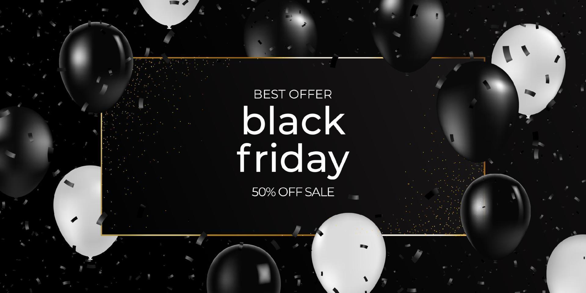 Black friday sale background with frame and red and black balloons. Modern design.Universal vector background for poster, banners, flyers, card.