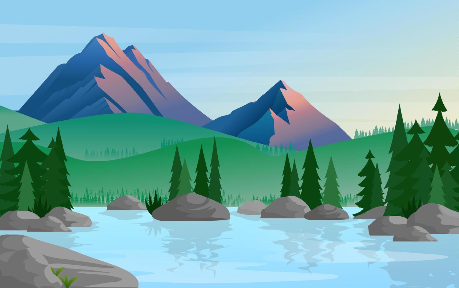 Group of pine trees reflected in calm still water with mountains on a background vector illustration. Mountain and lake vector illustration