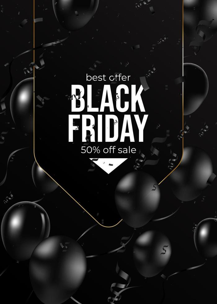Black Friday banner, vector illustration. Gold glitter dots, luxury frame, golden calligraphic text, black realistic balloons. Graphic design elements for flyer, sale promo