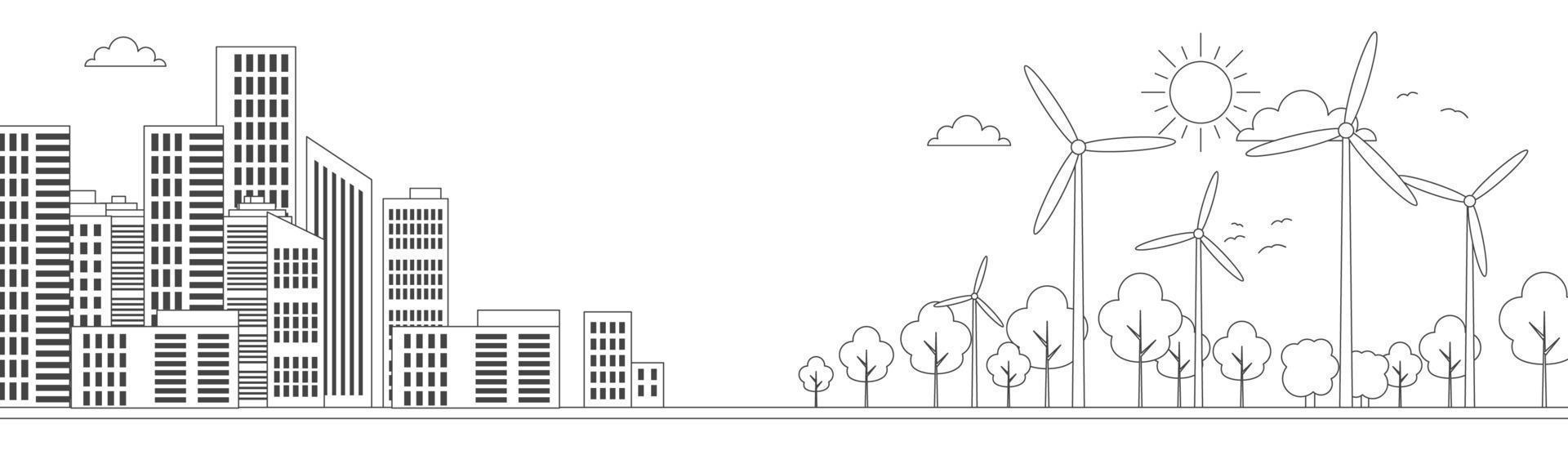 City and green forest, wind turbine line vector illustration.