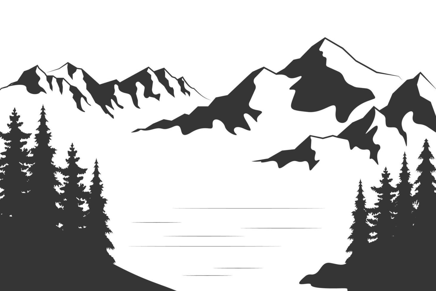 Landscape with silhouettes of mountains and Mountain river. Nature background. Vector illustration. Old style black and white mountain vector illustration