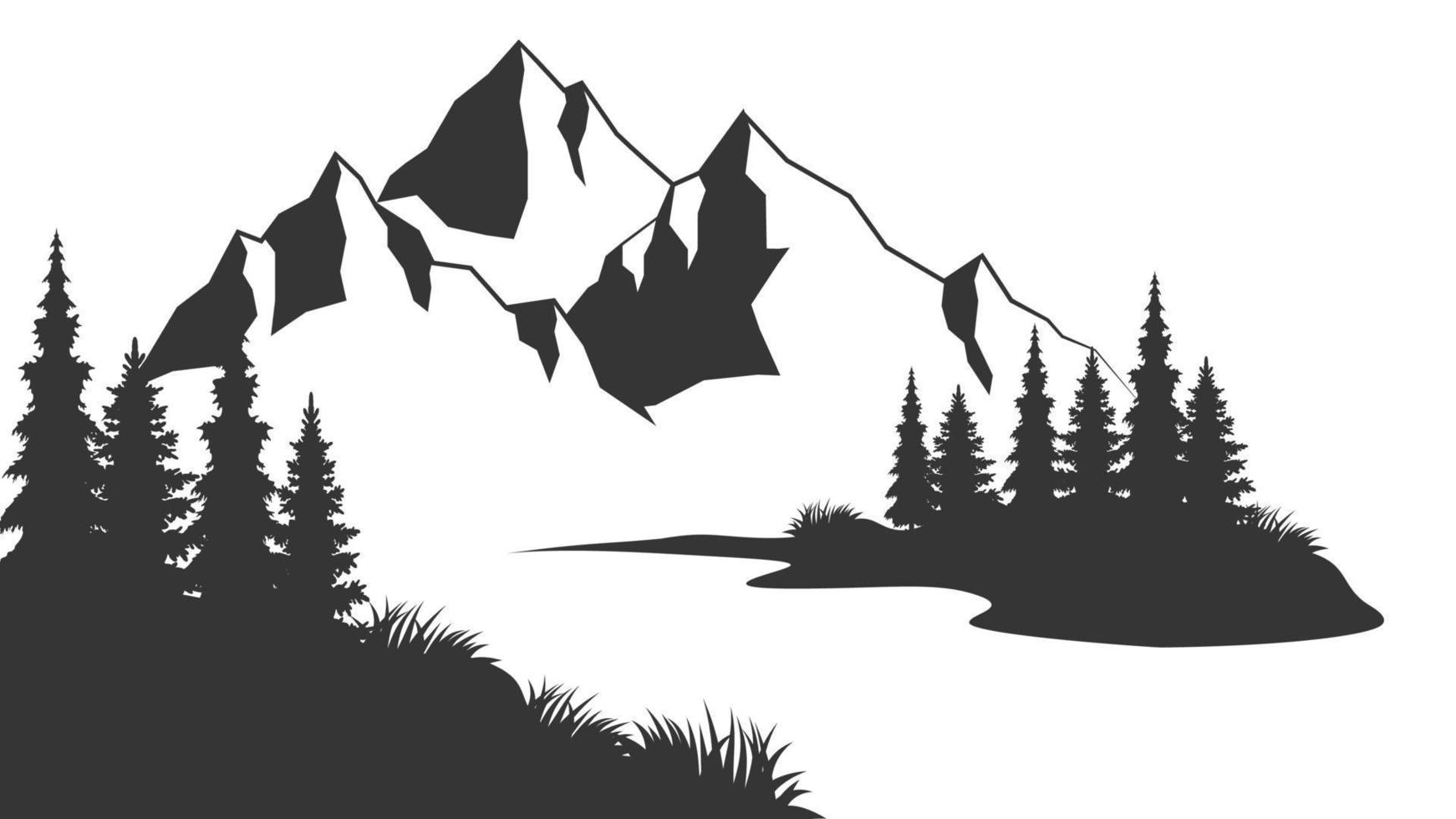 Muntain silhouette vector illustration. Mountain range silhouette isolated vector illustration. Old style black and white mountain vector illustration.