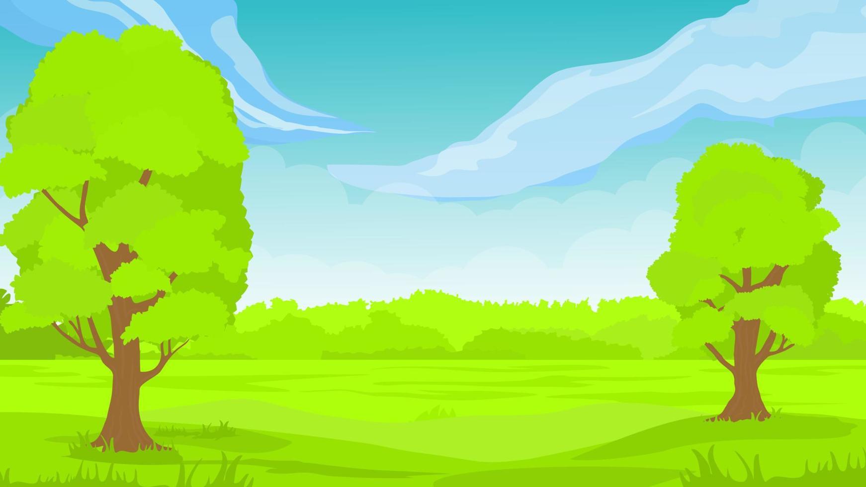 paisaje de hierba con ilustración de vector de nubes de árboles de cielo. Ilustración de vector de fondo verde de paisaje de primavera.