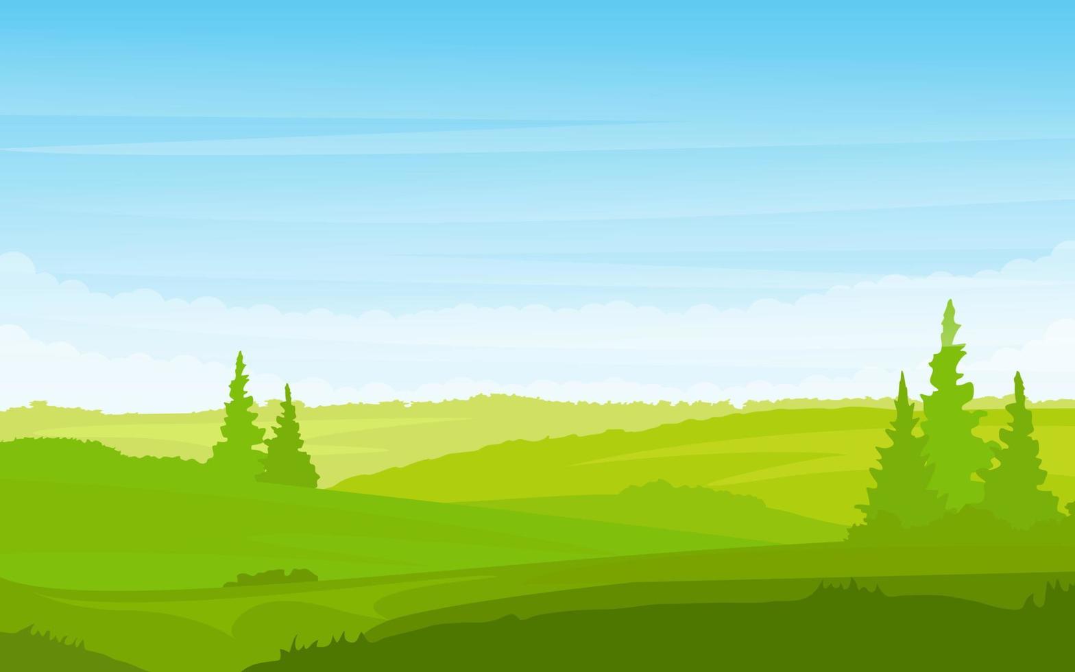 Grass Landscape with Sky Trees Clouds vector illustration. Spring landscape green background vector illustration.