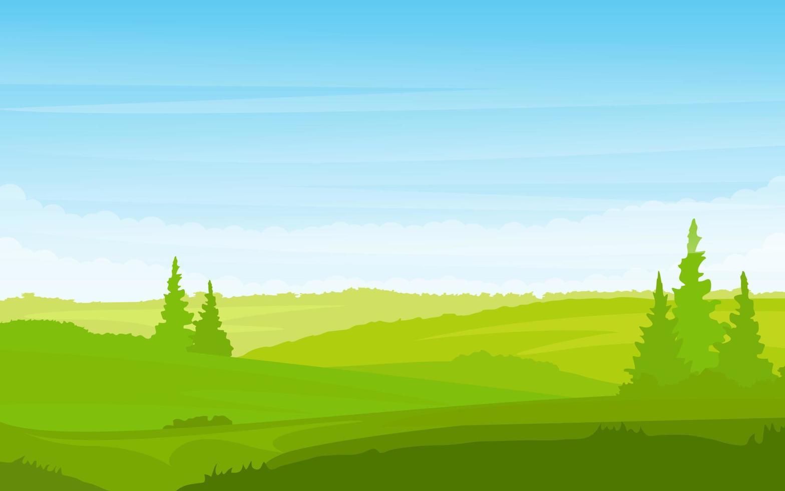 paisaje de hierba con ilustración de vector de nubes de árboles de cielo. Ilustración de vector de fondo verde de paisaje de primavera.