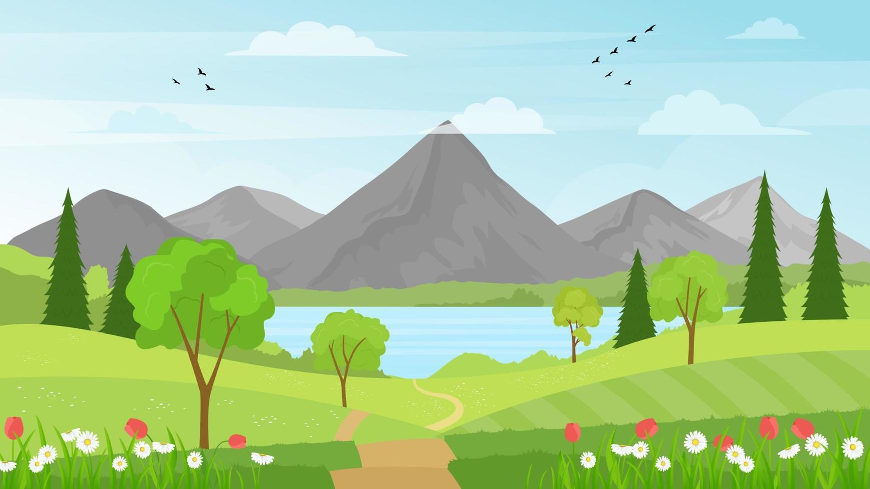 Vector summer landscape with green flowering field, forest, mountains and lake on a blue cloudy sky background