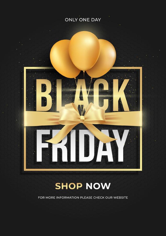 Black Friday Super Sale. Shelf and podium with realistic black gifts boxes with gold bows. Dark background golden text lettering in bright glowing neon frame. vector illustration