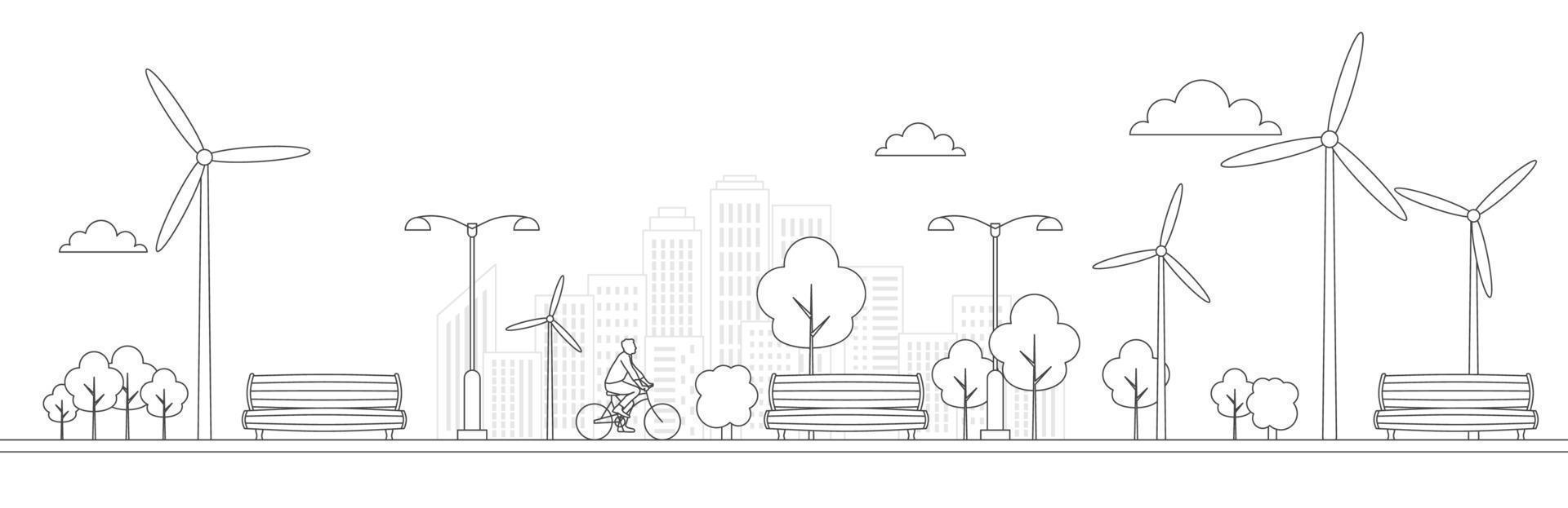 bicicleta en un parque con banco y papelera de reciclaje. iconos de línea concepto de estilo de vida saludable y sostenible. recreación y relajación en la ciudad. contorno negro sobre fondo blanco. ilustración vectorial, imágenes prediseñadas. vector