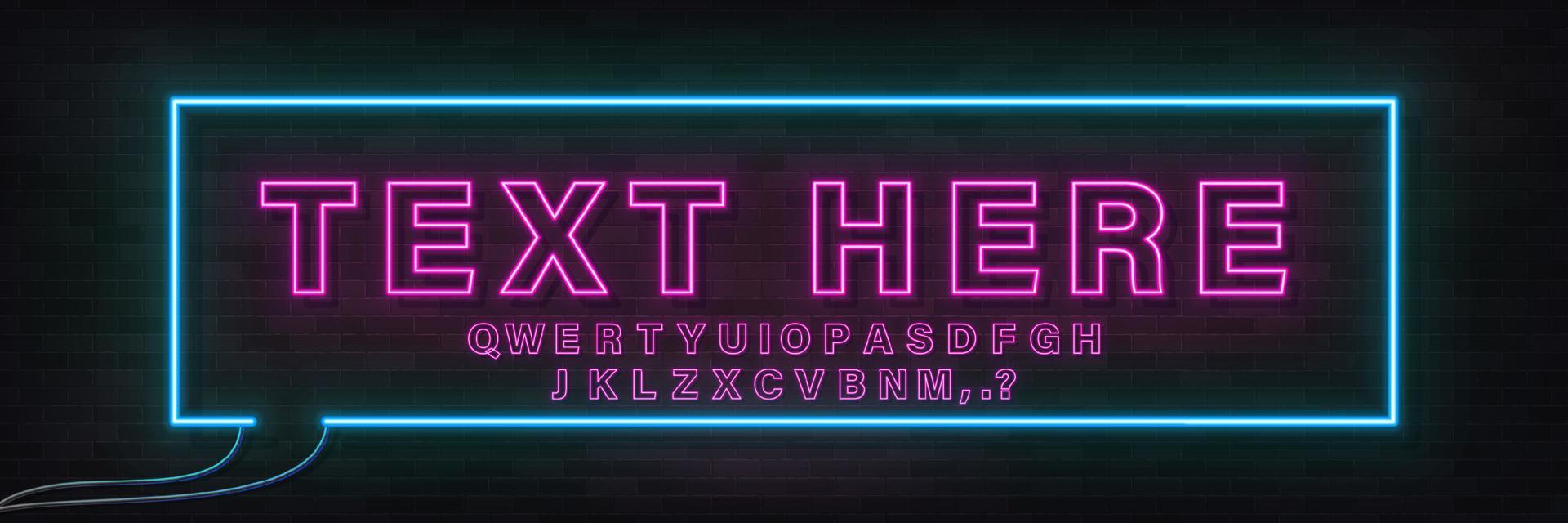 Glowing neon empty speech bubble frame. Rectangle blank speech bubble in neon style with alphabet. Vector illustration