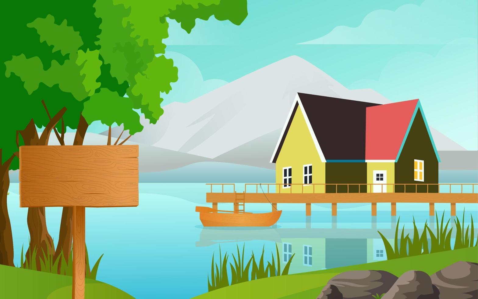 The house stood on the shore of the lake on the background of the old fence and Boat vector illustration. Lake boat and house free wood board.