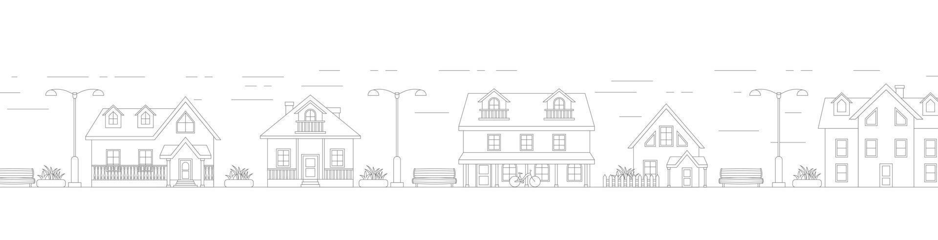 Village neighborhood line art vector. Residential buildings on suburban streets vector