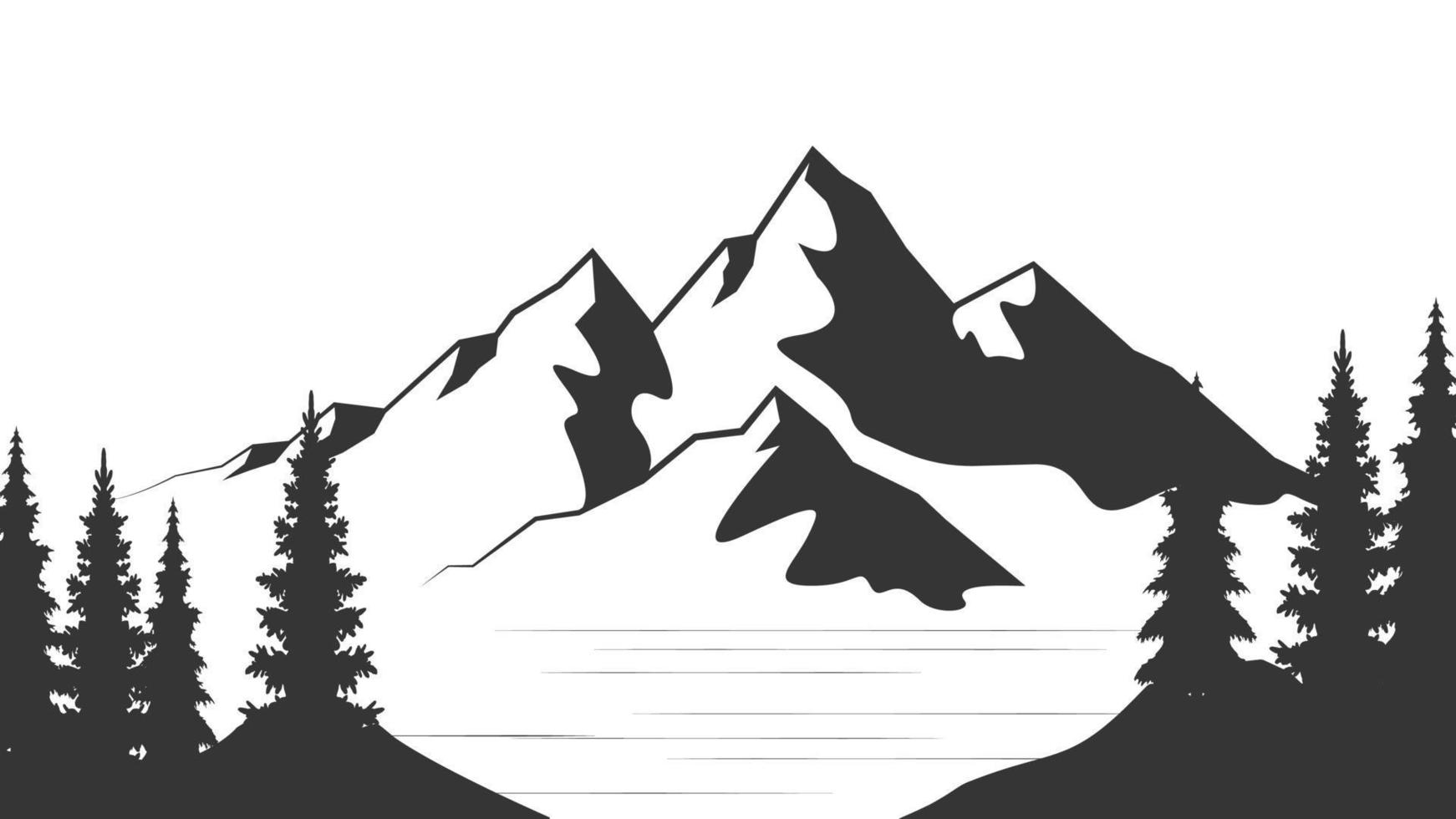 Landscape with silhouettes of mountains and Mountain river. Nature background. Vector illustration. Old style black and white mountain vector illustration