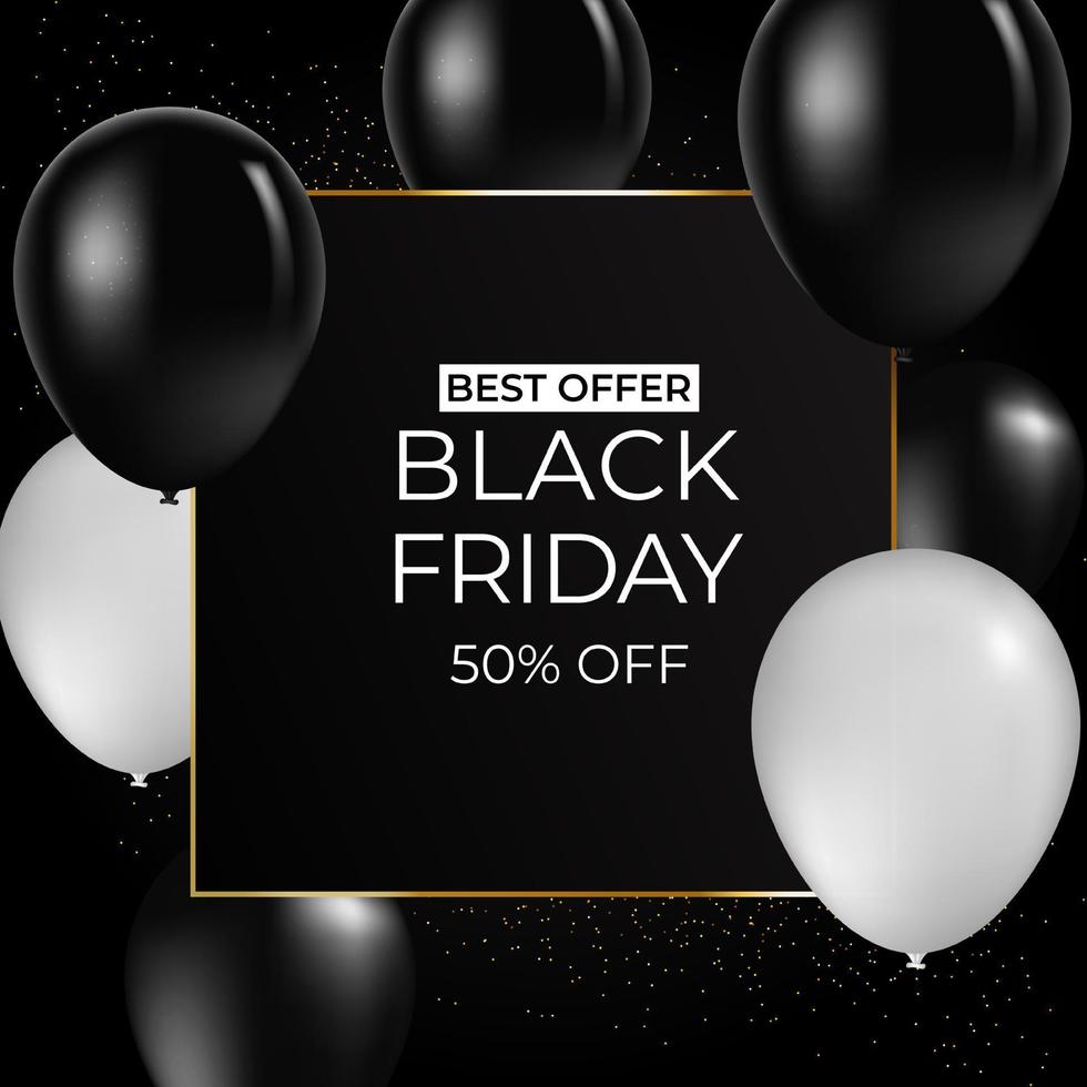 Black Friday with shiny Balloons on white square frame background as business , discount , promotion and Sale Poster concept. Vector illustration.